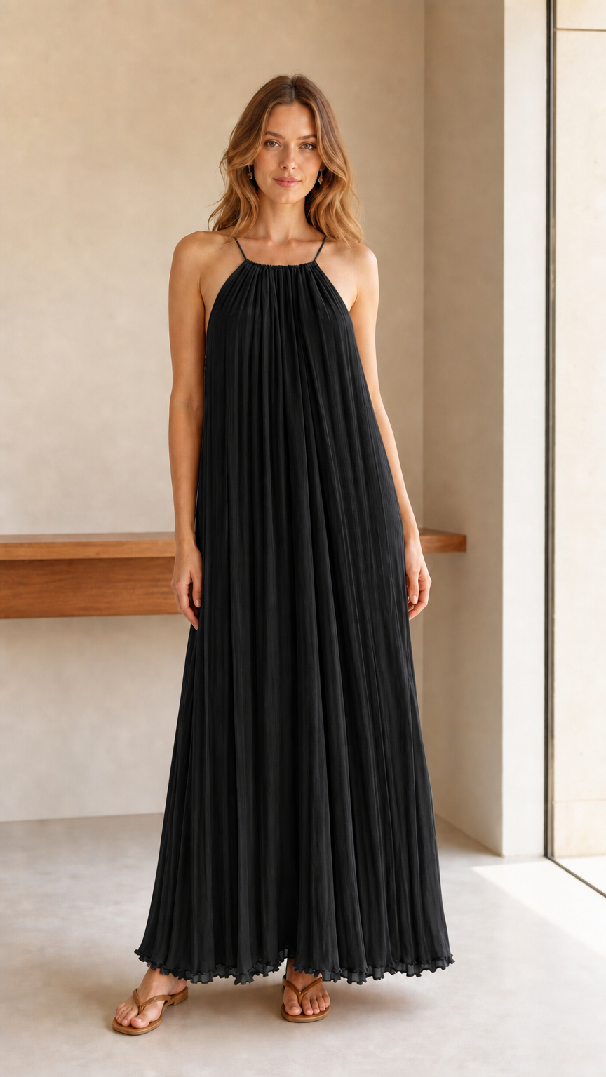 Model wearing black pleated halter maxi dress
