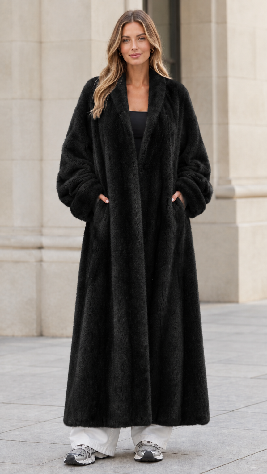 Front view of woman wearing classic black longline plush faux fur coat