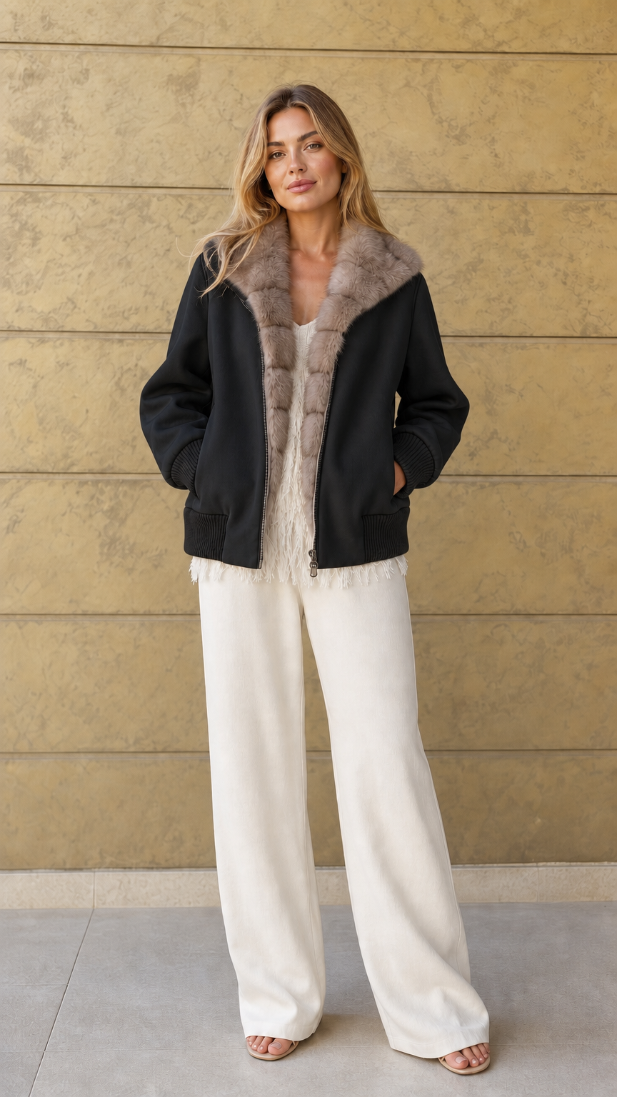 Front view of black faux-fur collar bomber jacket on model