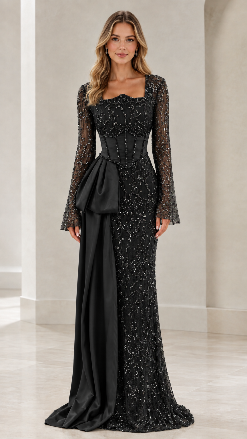 Black beaded long sleeve corset evening dress with matching satin drape