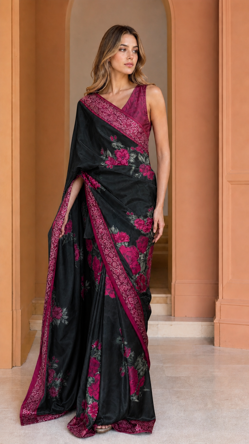 Black floral satin saree with berry embroidered border
