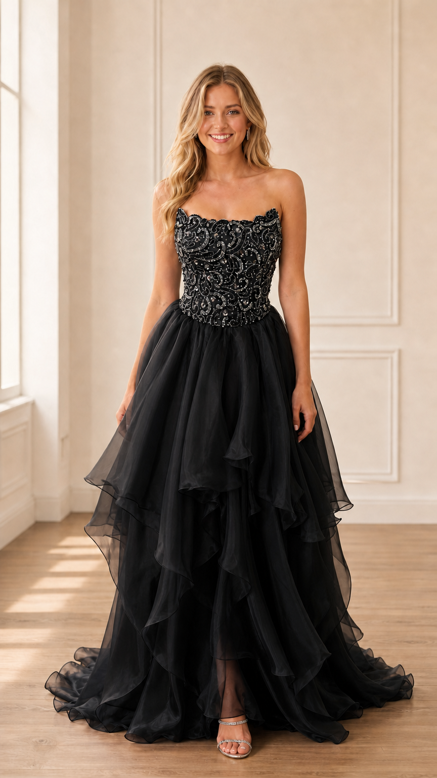 Model wearing black strapless beaded tiered gown