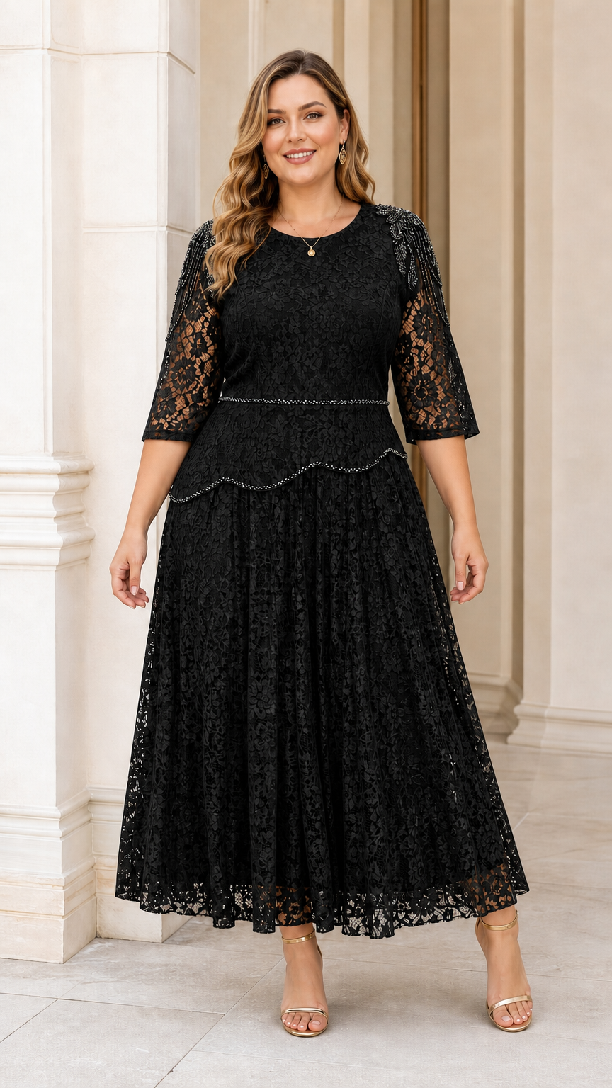 Front view of plus size model wearing black lace evening dress