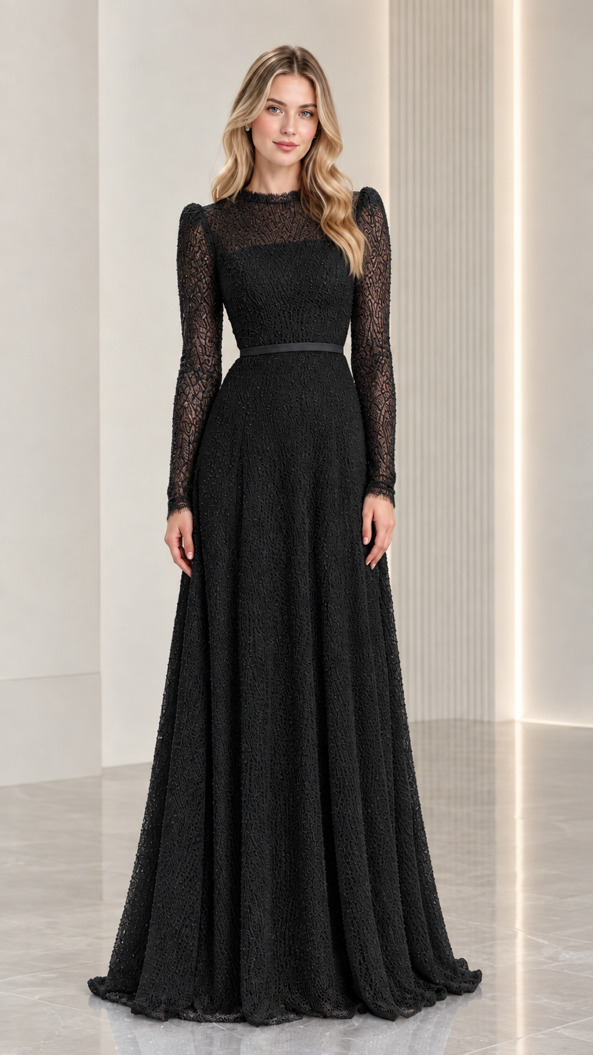 Full-length black illusion high neck long sleeve evening gown