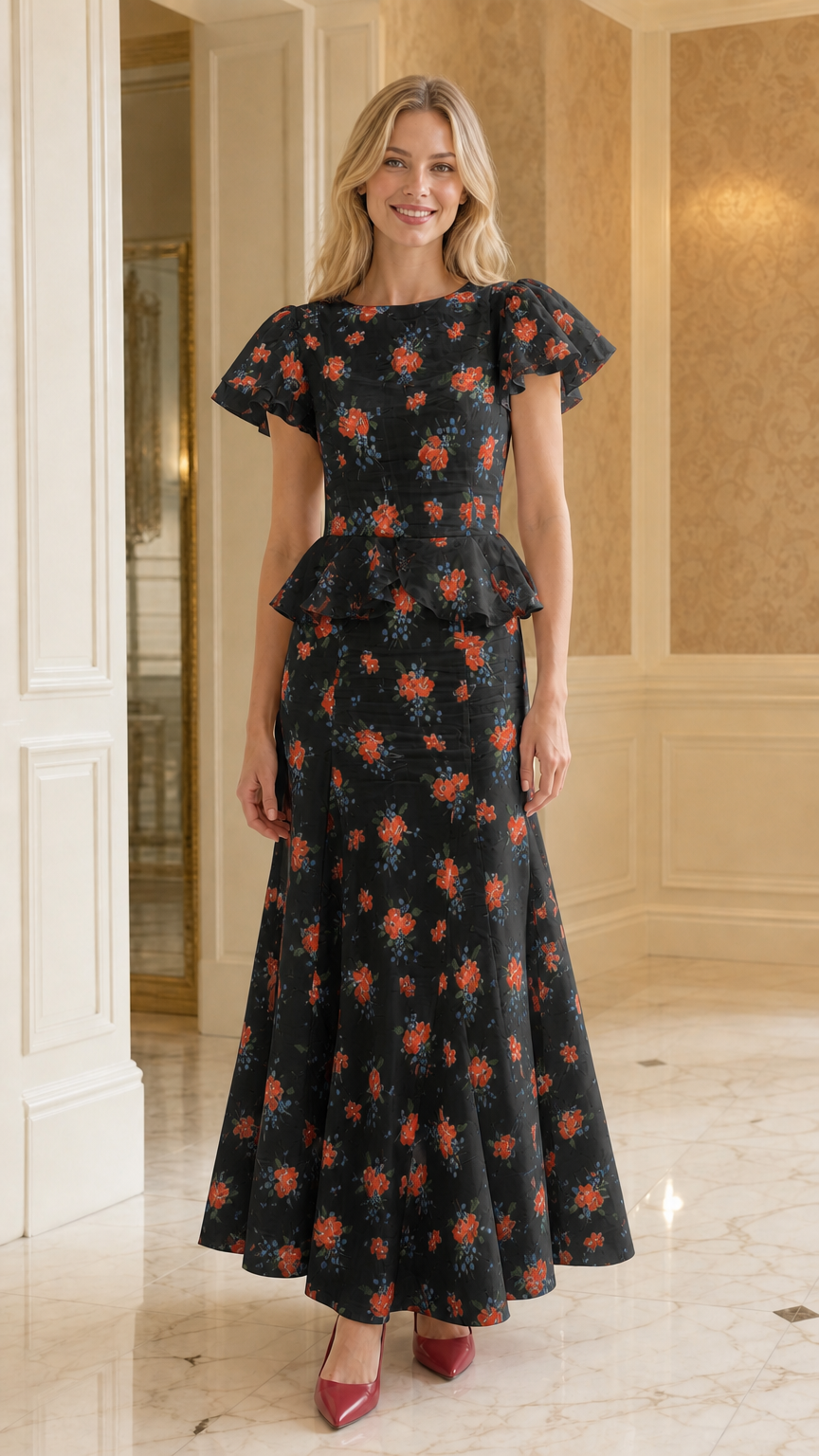 Front view of black floral print ruffle sleeve peplum maxi dress