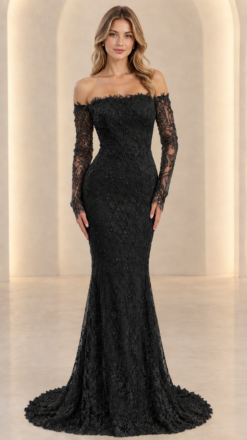 Front full view of black off-the-shoulder long sleeve lace mermaid formal gown