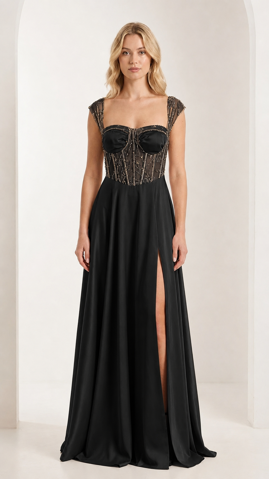 Front view of black corset evening gown