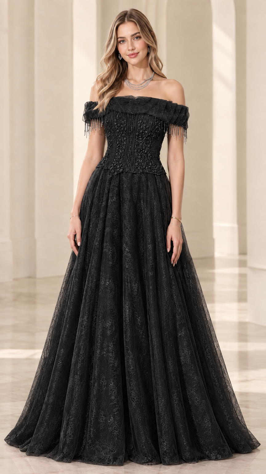 Black off-the-shoulder beaded corset formal evening maxi gown