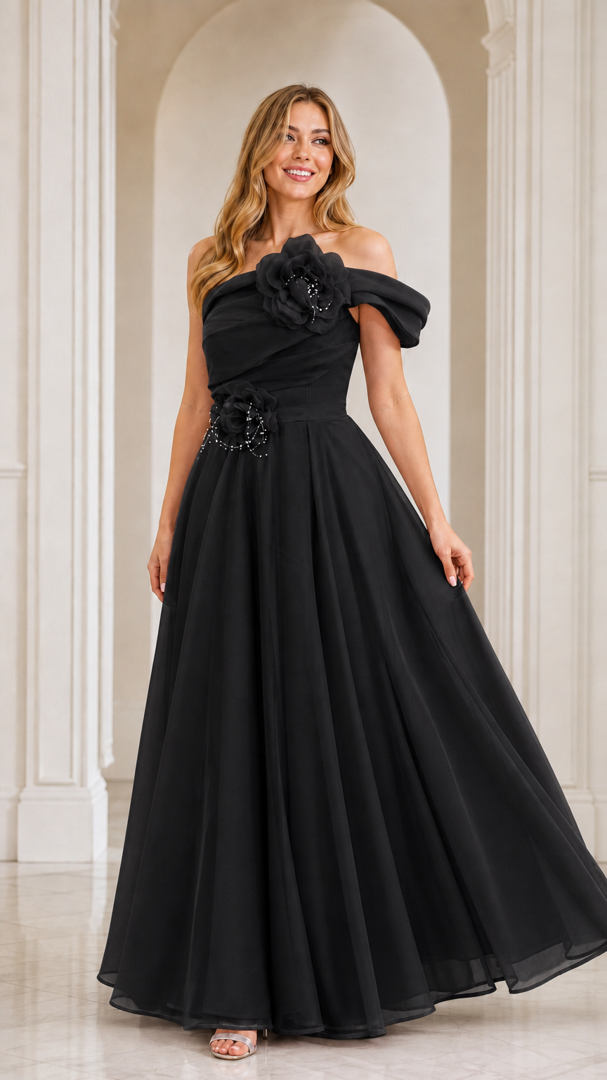 Black off-the-shoulder floral appliqué A-line evening gown
