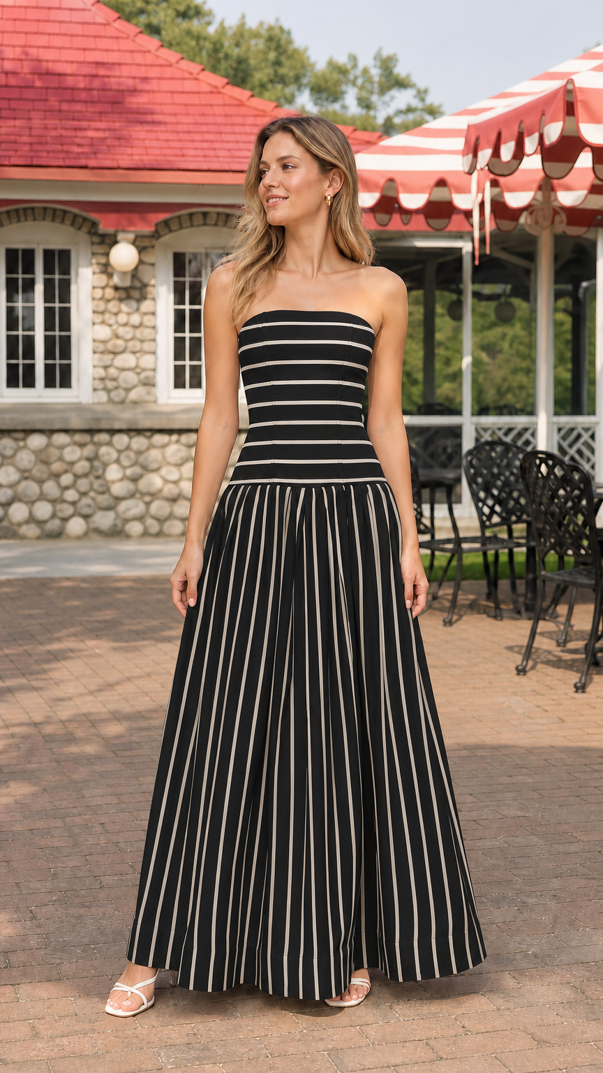 Model wearing black and white striped strapless maxi dress