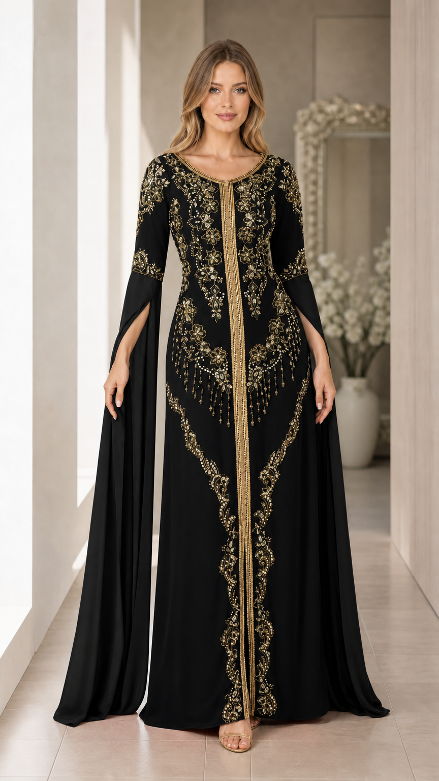 Front view of black embroidered cape sleeve kaftan evening gown
