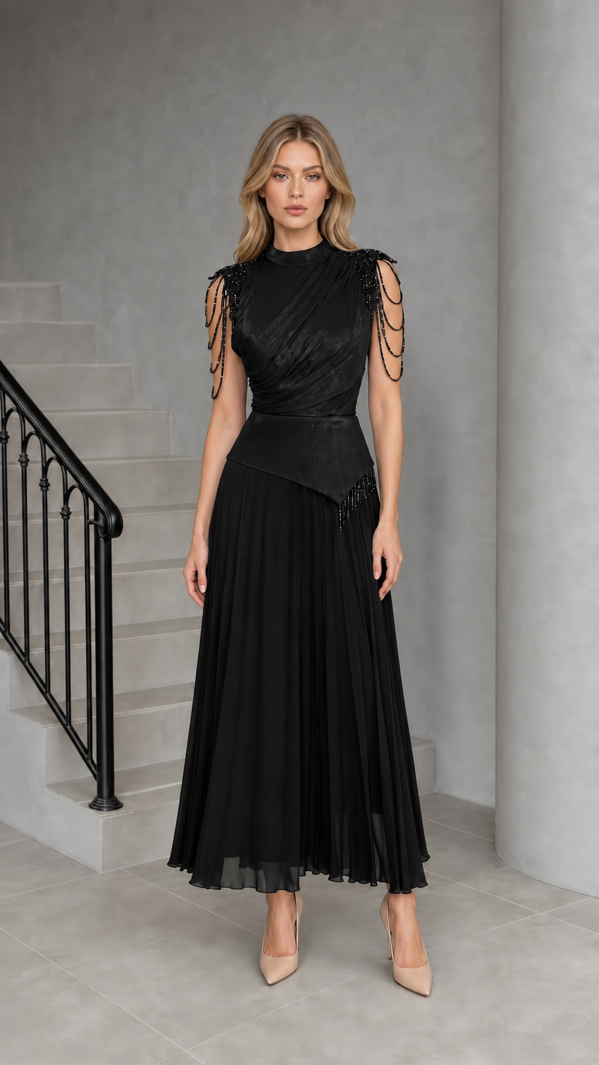Classic Black Mock Neck Beaded Fringe Pleated Maxi Dress