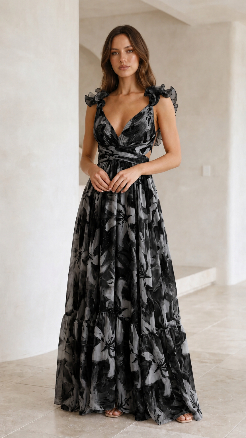 Front view of woman wearing black and grey floral print maxi dress