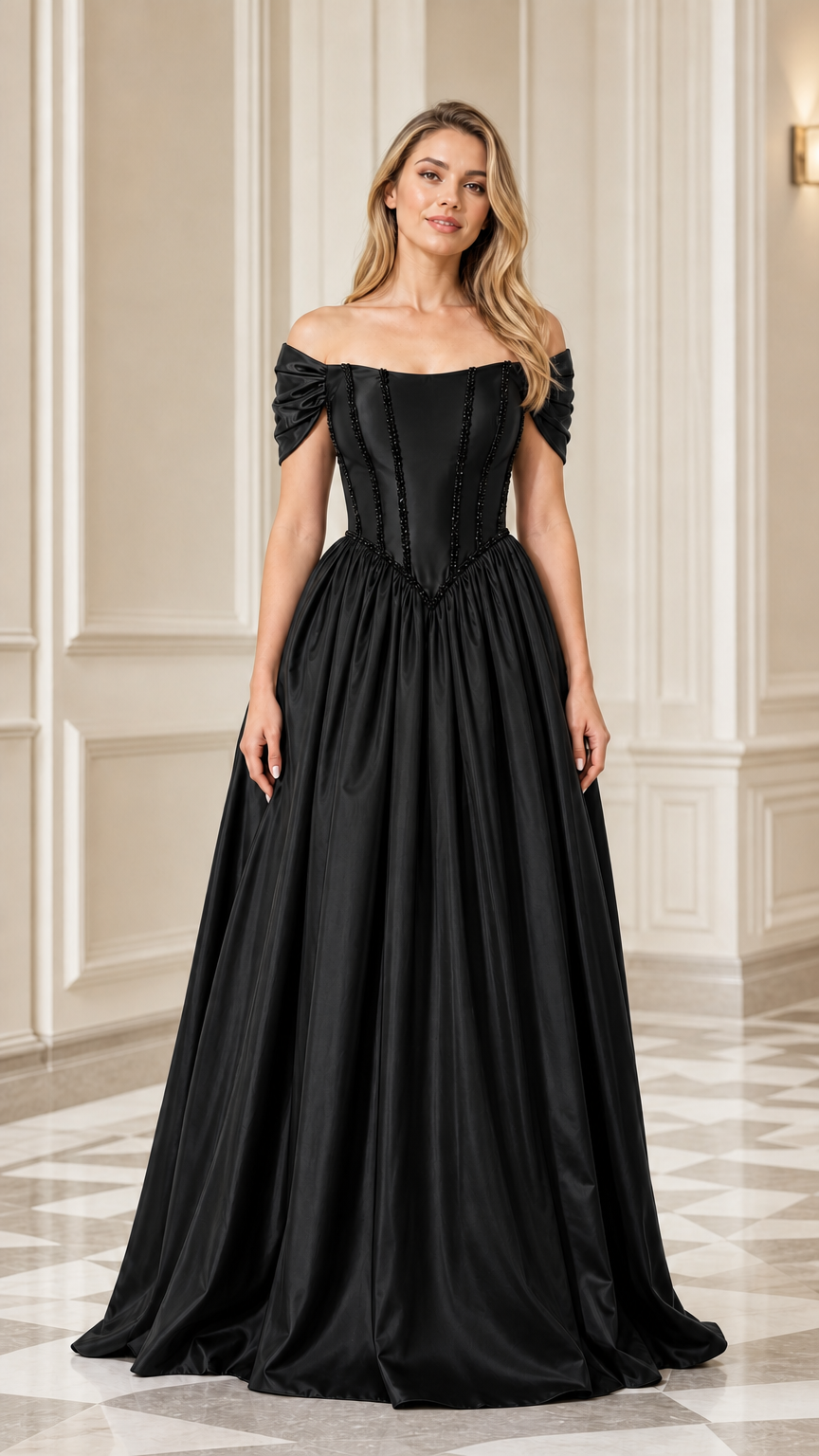 Black off-the-shoulder corset satin evening ball gown