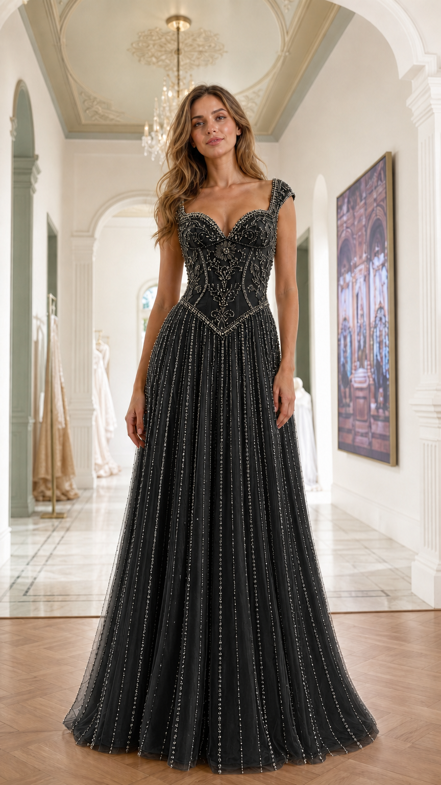 Front view of black evening gown variant