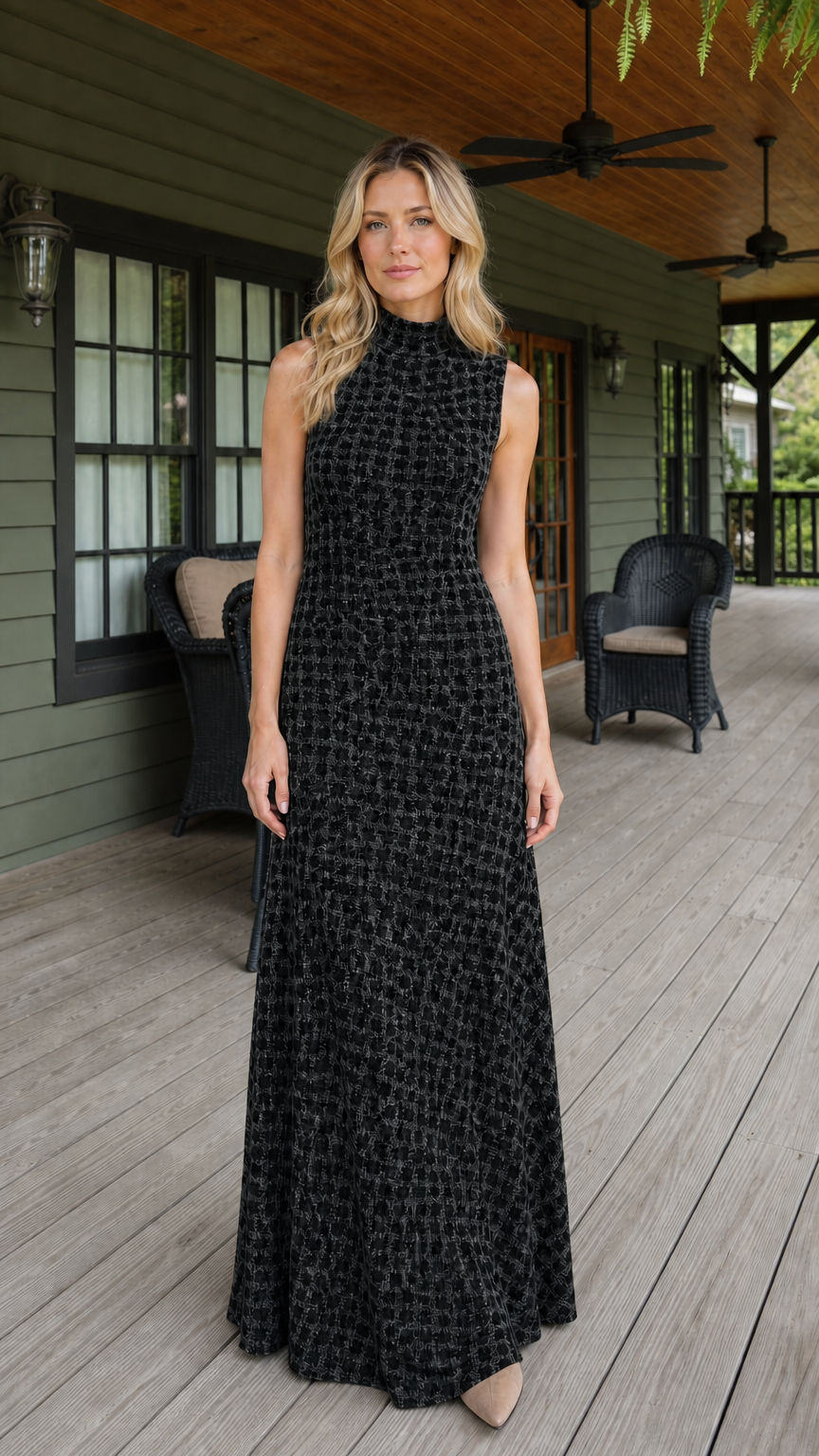 Front view of woman wearing black textured sleeveless maxi dress