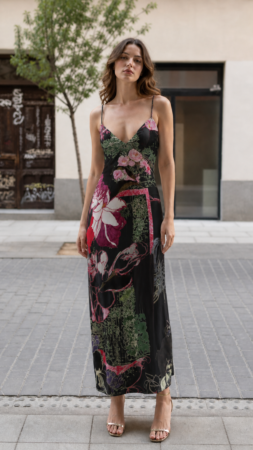 Front view of model wearing Black floral print maxi dress