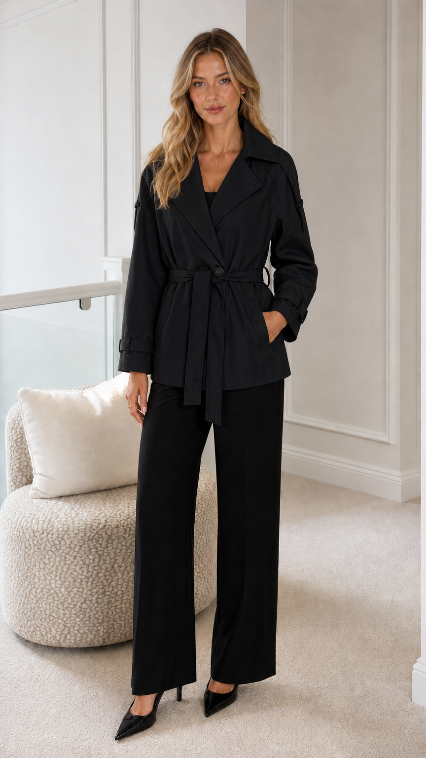 Model wearing black short belted trench jacket with tailored trousers