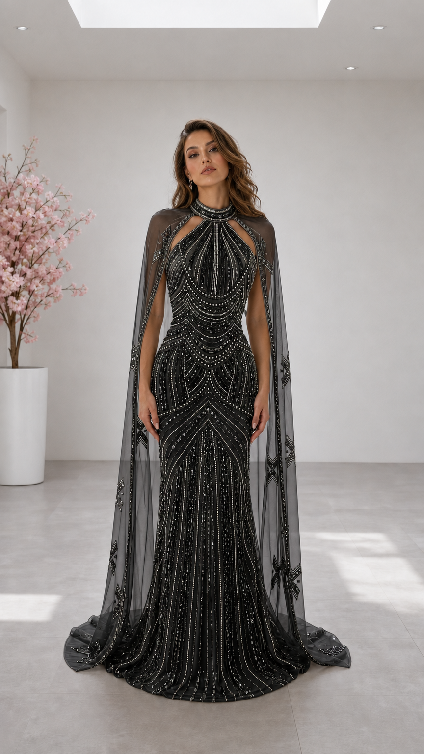 Black halter neck beaded mermaid evening gown with floor-length cape