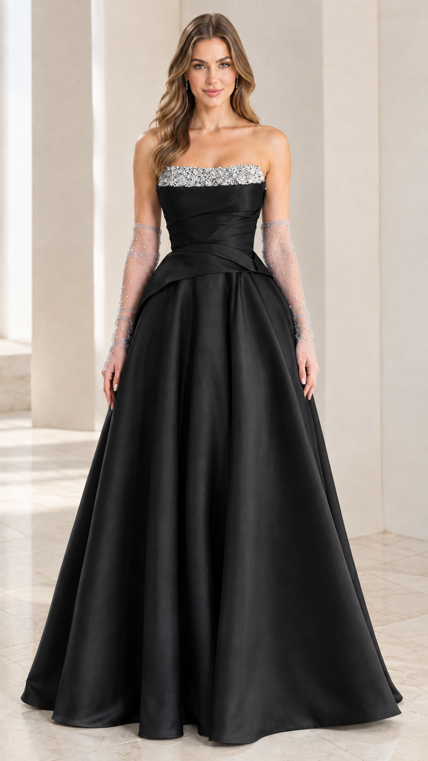 Black strapless satin A-line formal gown with embellished neckline