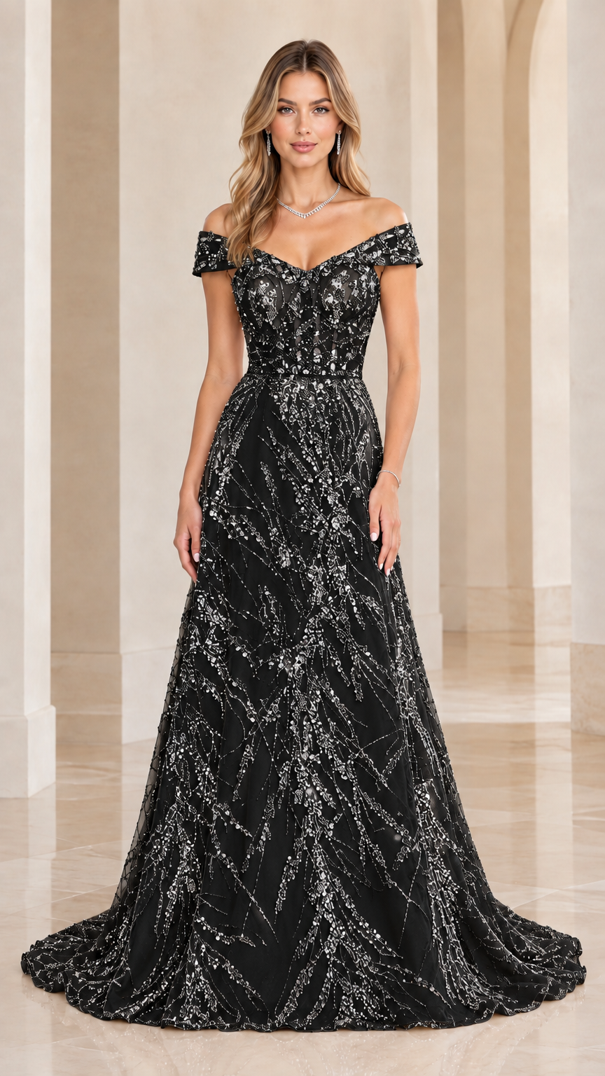 Front view of black off-the-shoulder sparkling sequin A-line evening gown