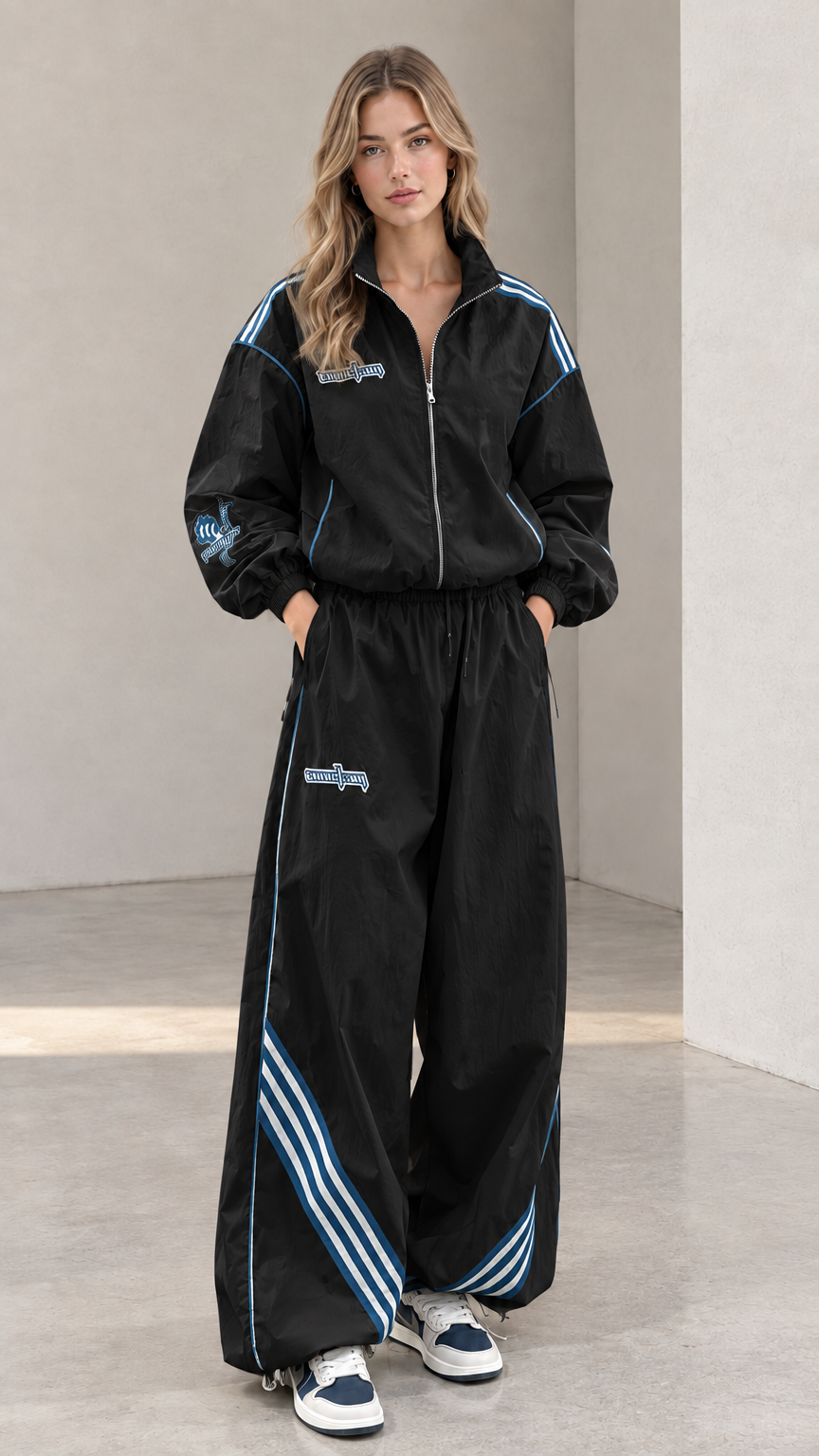 Front view of woman wearing black two-piece tracksuit set with blue stripes