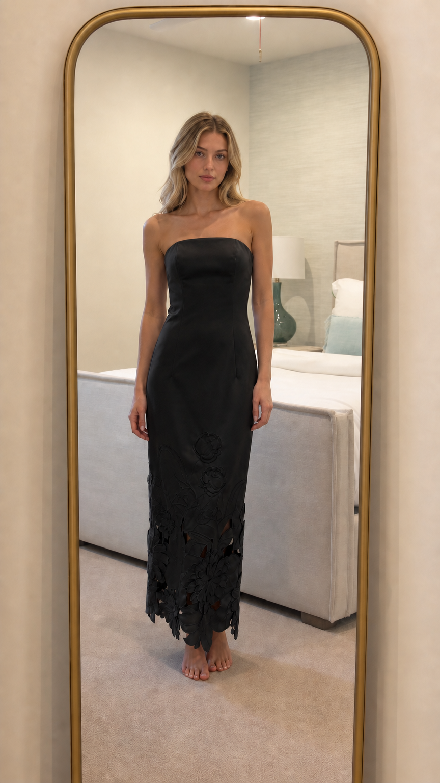 Black strapless floral laser-cut maxi dress