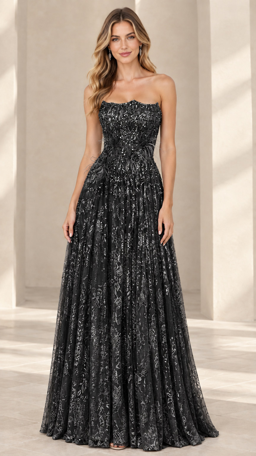 Black strapless sequin and feather evening gown