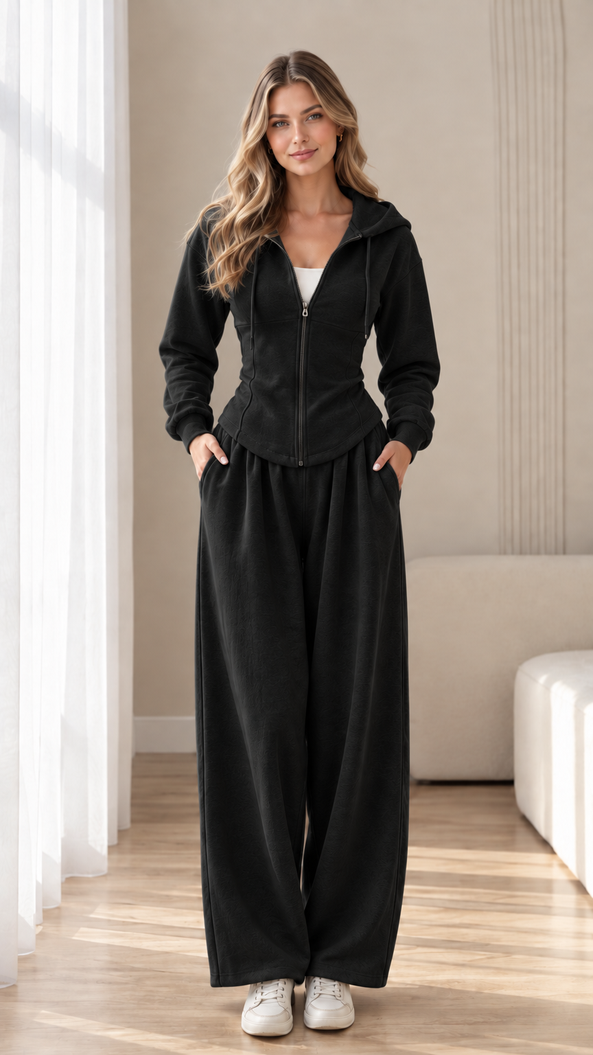 Front view of model wearing black corset hoodie and wide-leg sweatpants set