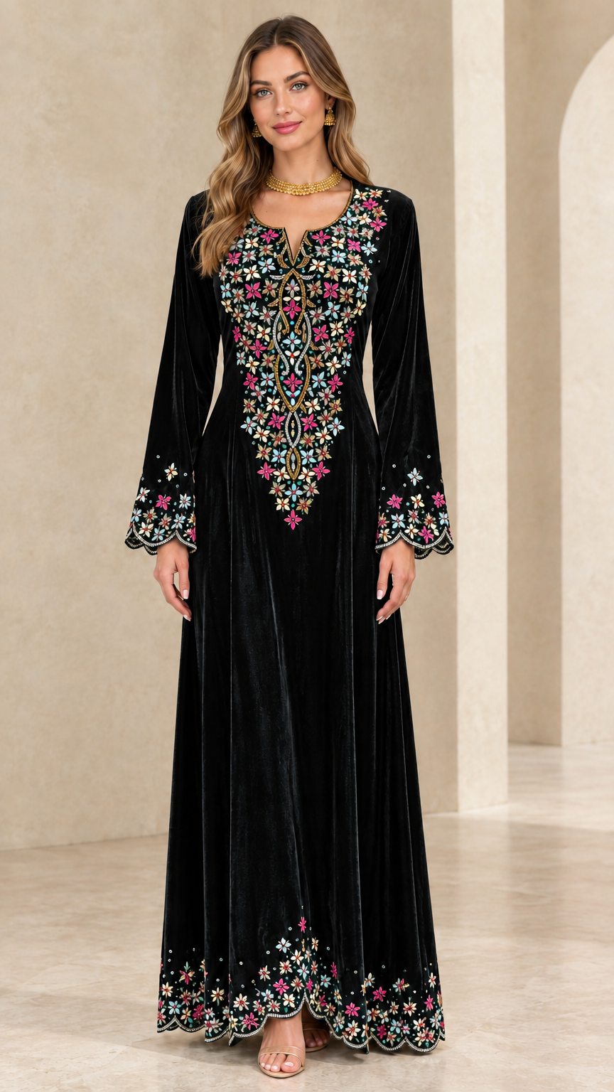 Black embroidered velvet long sleeve maxi dress