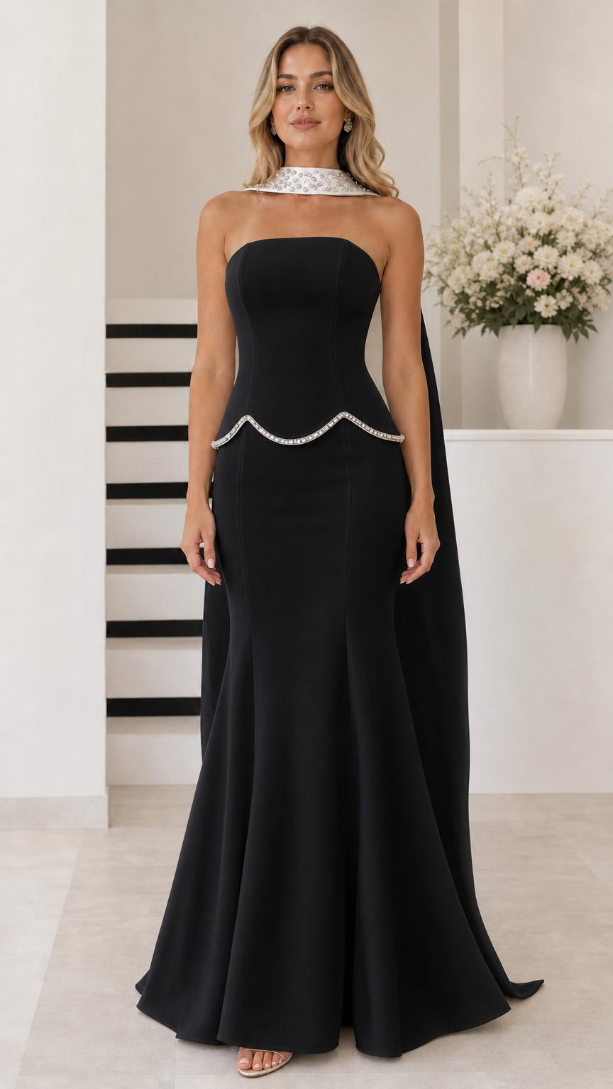 Black strapless mermaid evening gown with beaded choker and cape