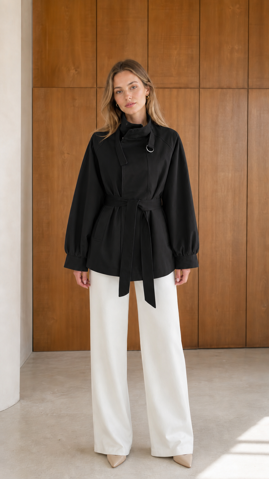 Model wearing black belted short trench jacket with high neck