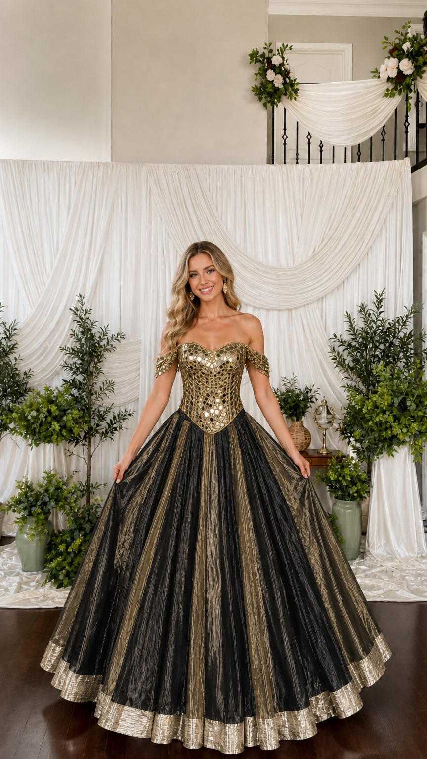Model wearing black and gold pleated ball gown with mirrored corset bodice