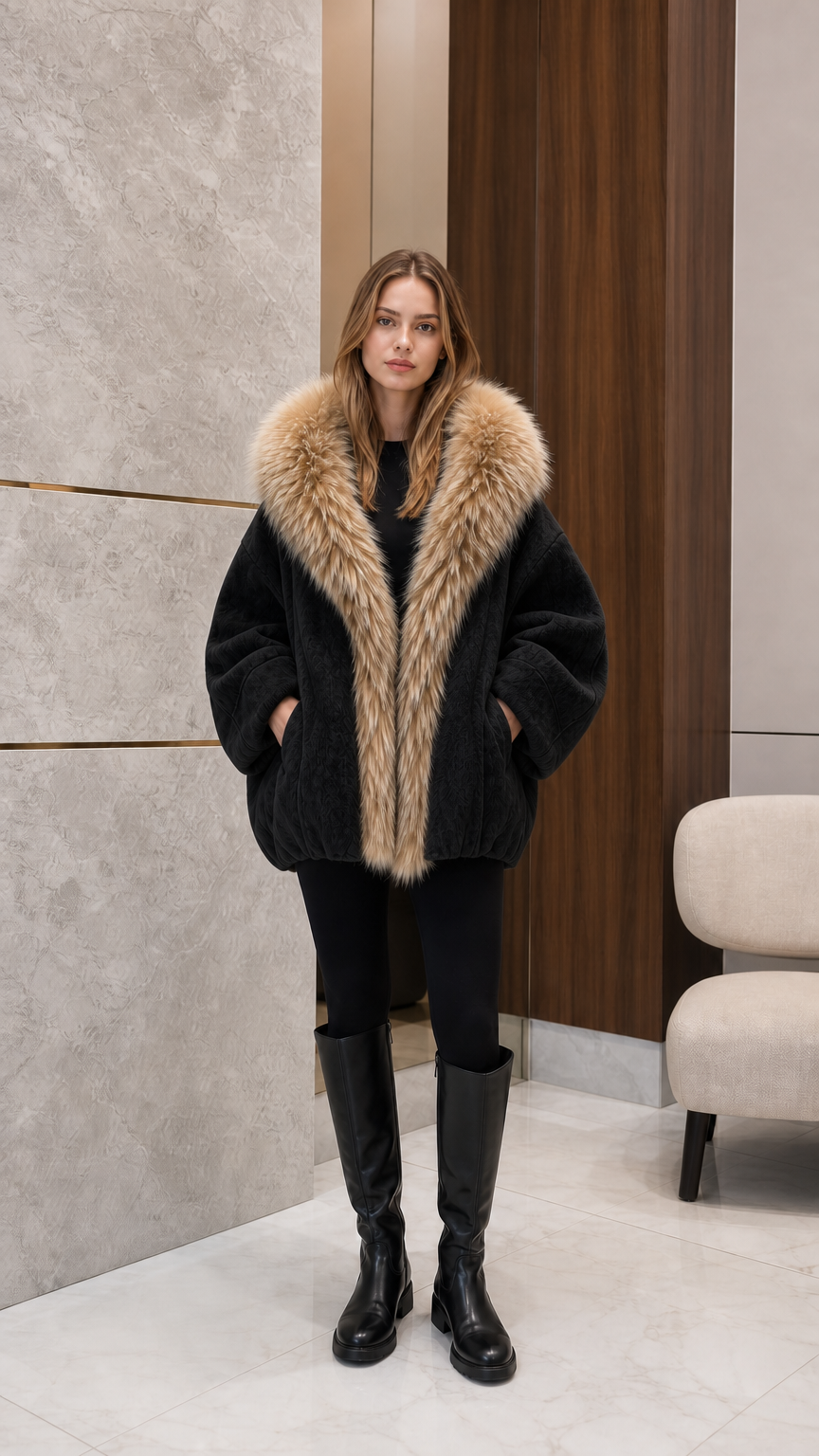 Front view of woman wearing black oversized faux fur collar fleece jacket