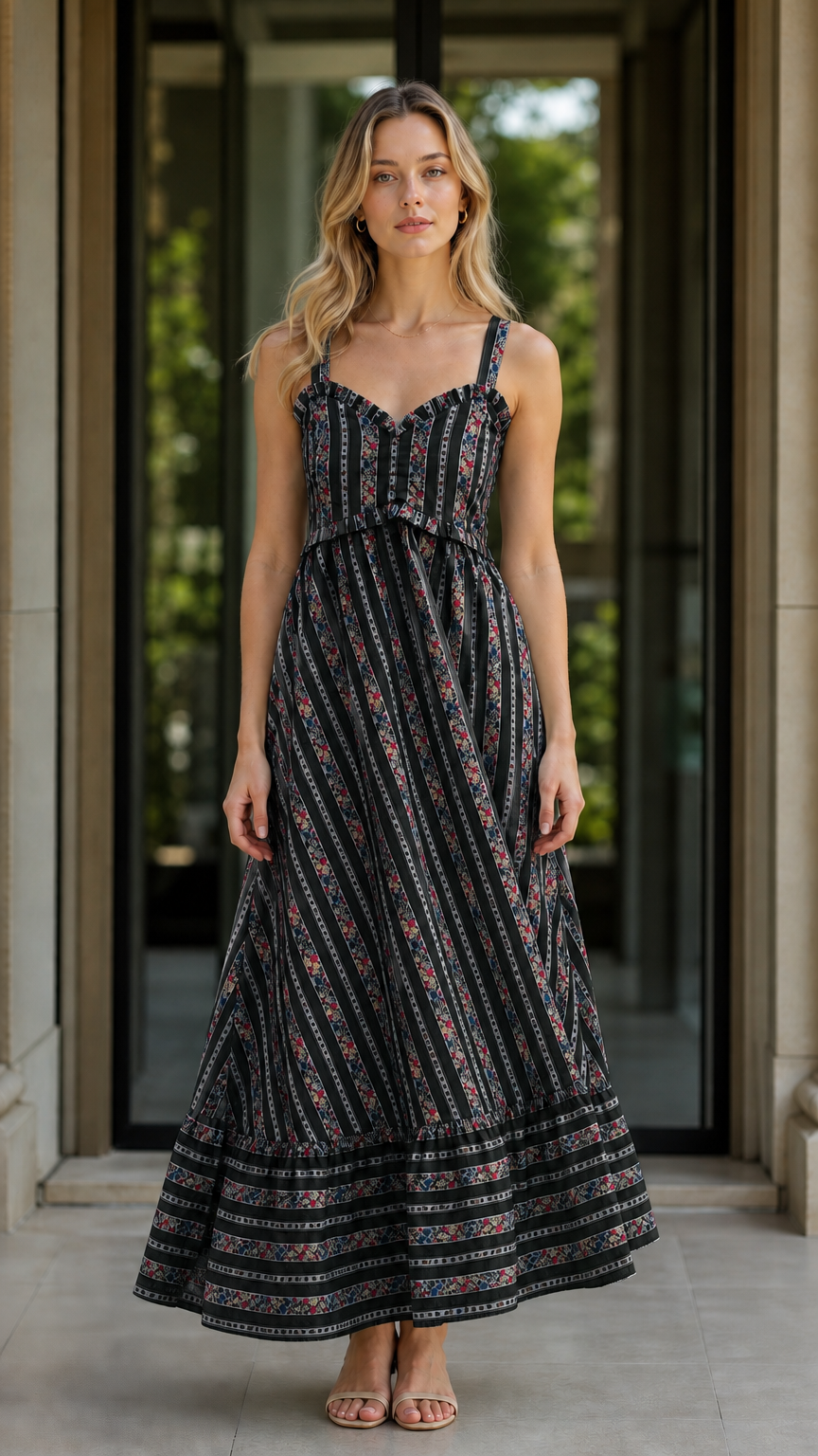 Front view of black floral striped maxi dress variant