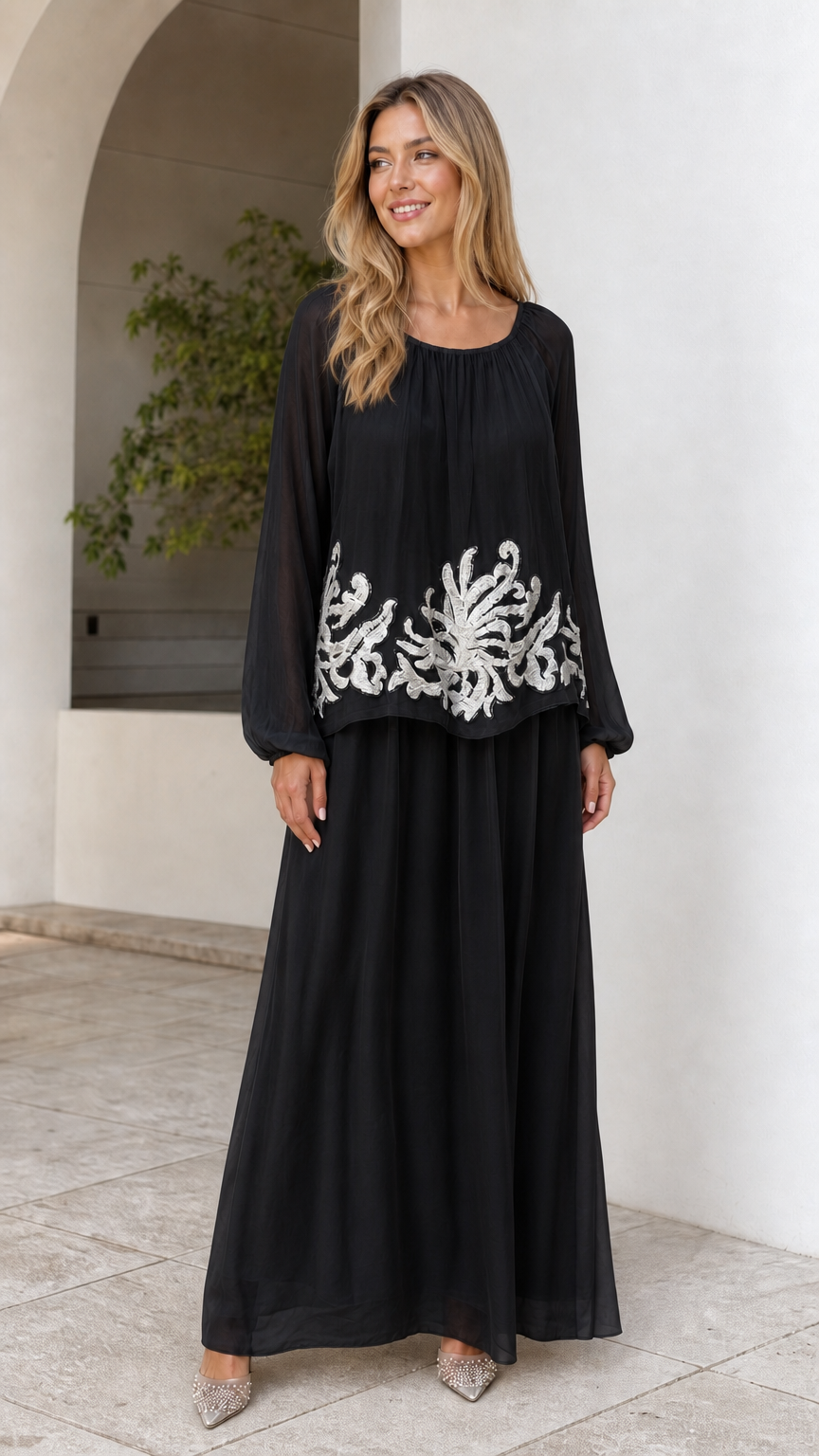 Black long sleeve embroidered overlay formal maxi dress