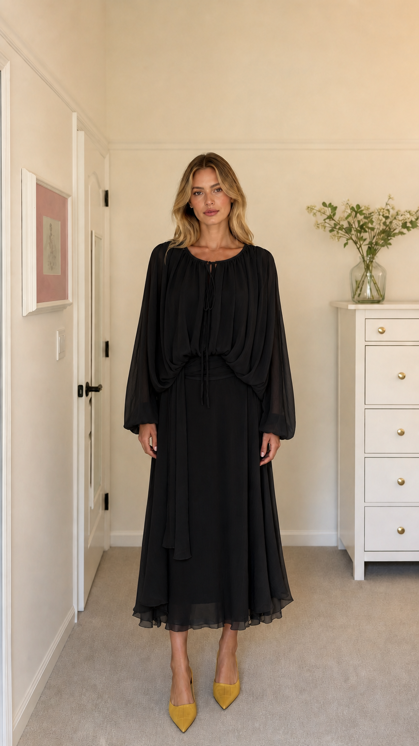Model wearing black long-sleeve pleated midi dress