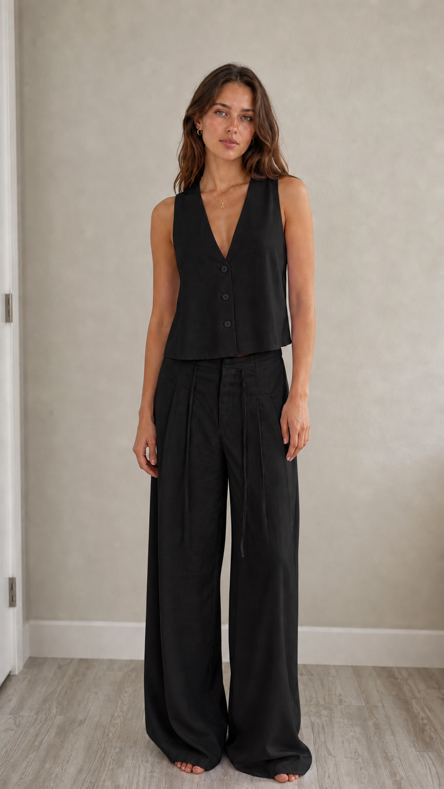 Full-length view of model in black two-piece vest and pants set