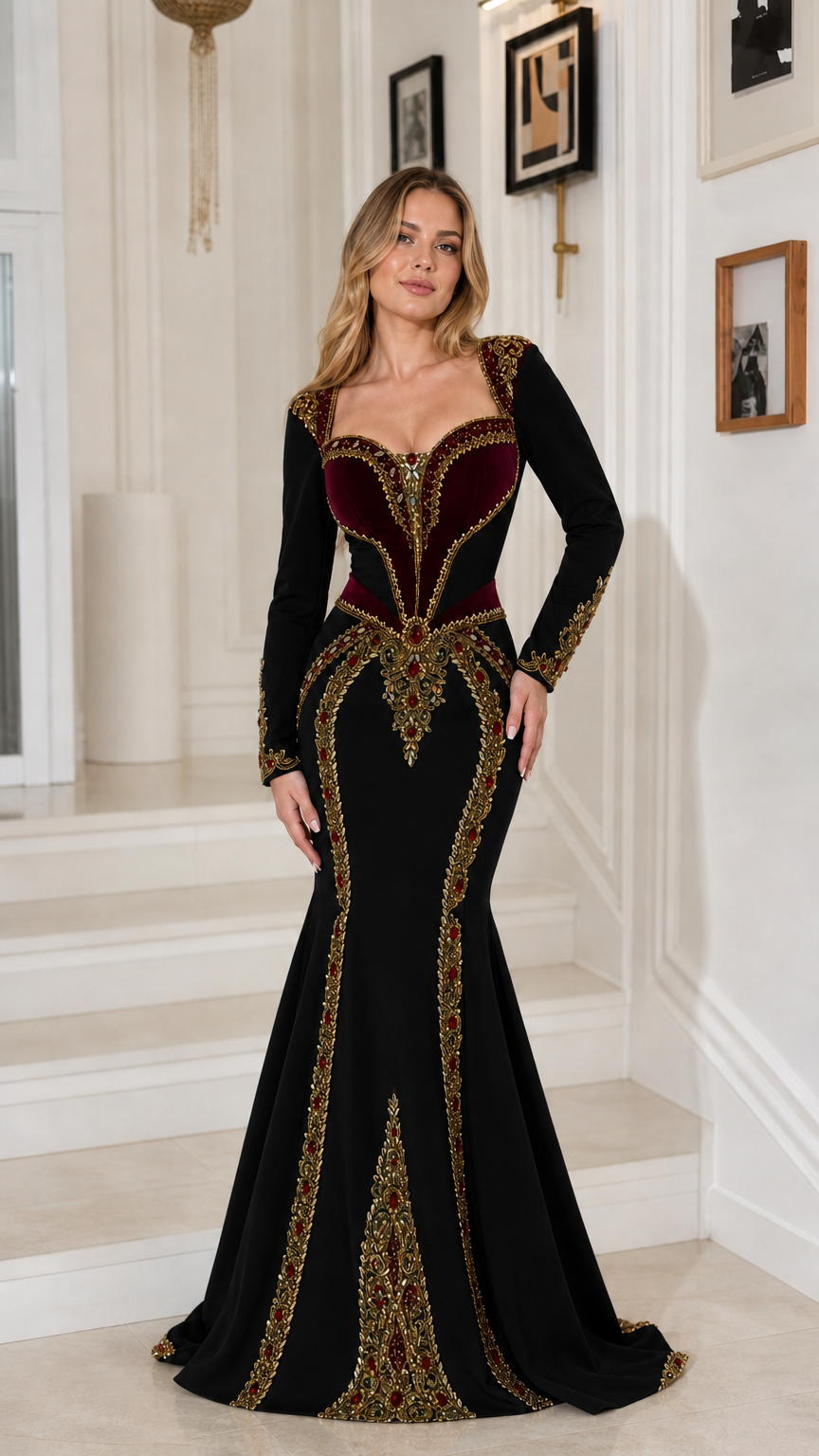 Black long sleeve embroidered mermaid evening gown