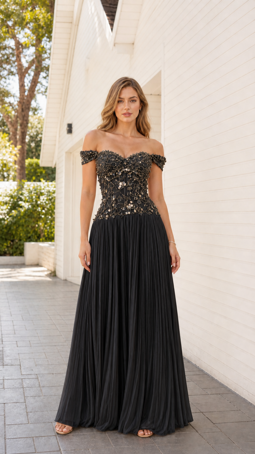 Front view of black beaded corset evening dress