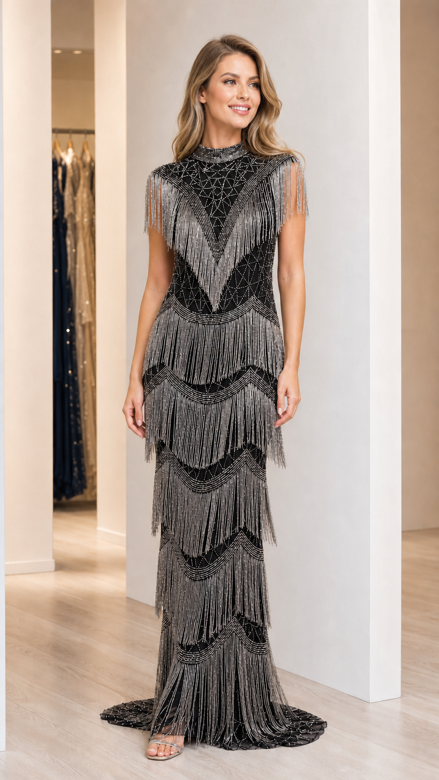 Model wearing black beaded fringe high neck formal evening gown