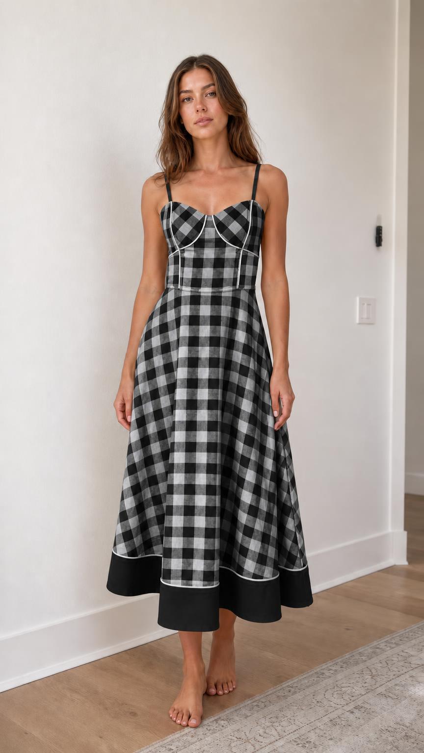 Woman wearing black gingham midi sundress