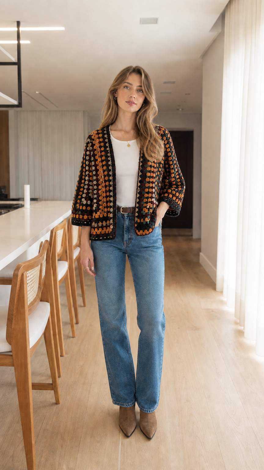 Woman wearing Black Multi geometric crochet knit cardigan jacket