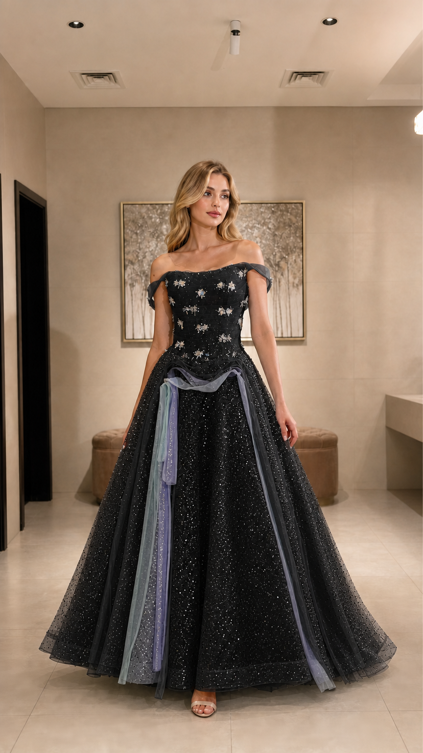 Model wearing black glitter tulle ball gown with silver floral appliqués and draped waist
