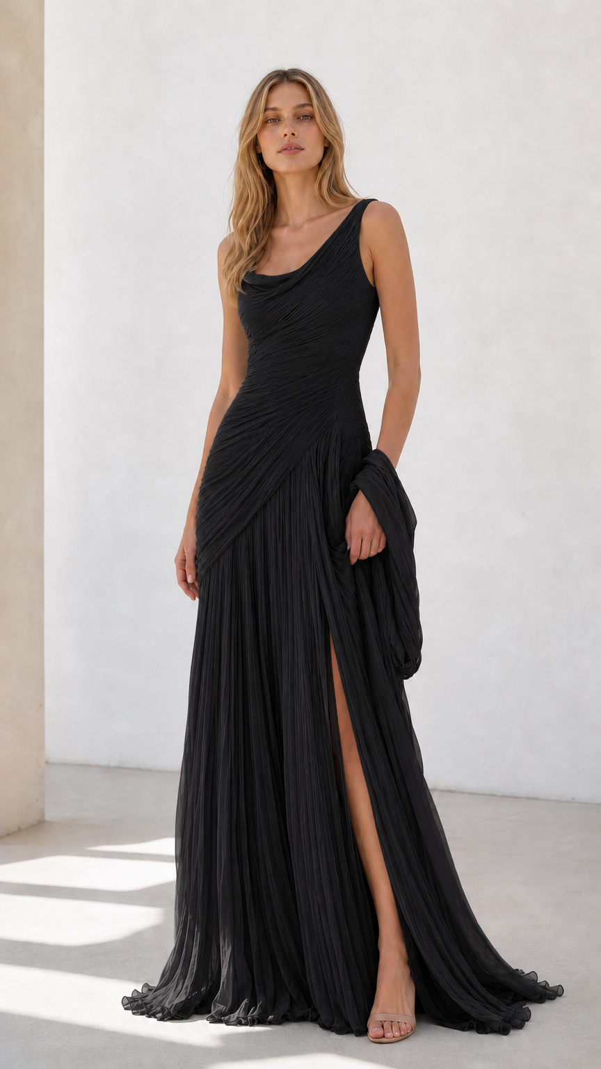 Full view of black pleated draped evening dress with side slit