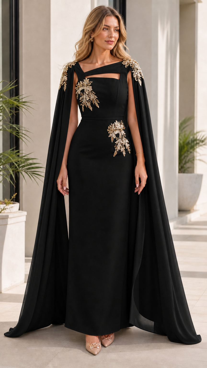 Woman wearing black evening dress with attached cape