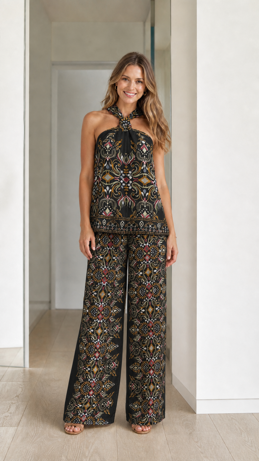 Model wearing black boho printed two-piece set