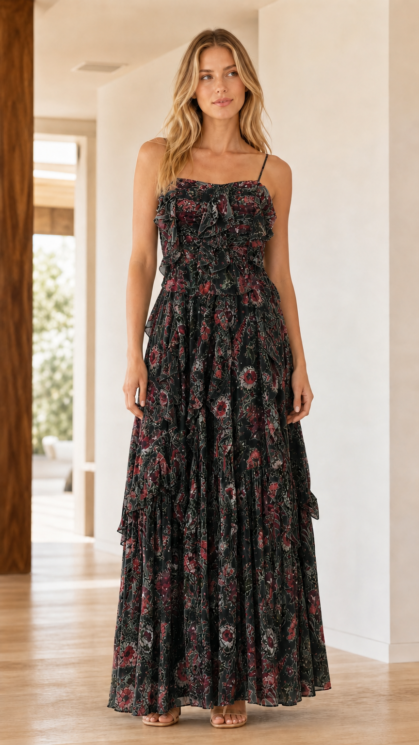Front view of model wearing Black floral ruffle tiered maxi dress