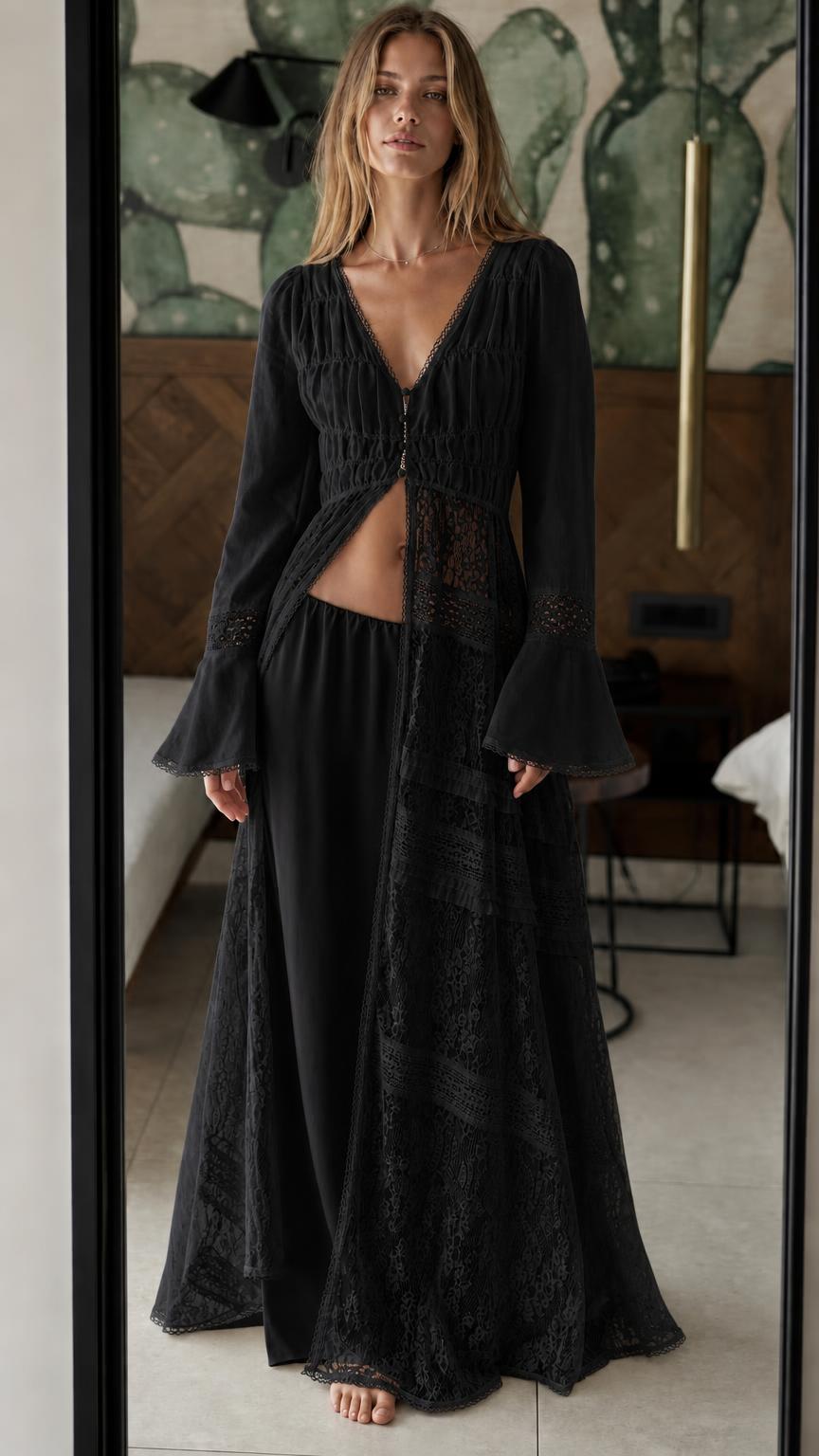 Model wearing black bohemian lace two-piece set