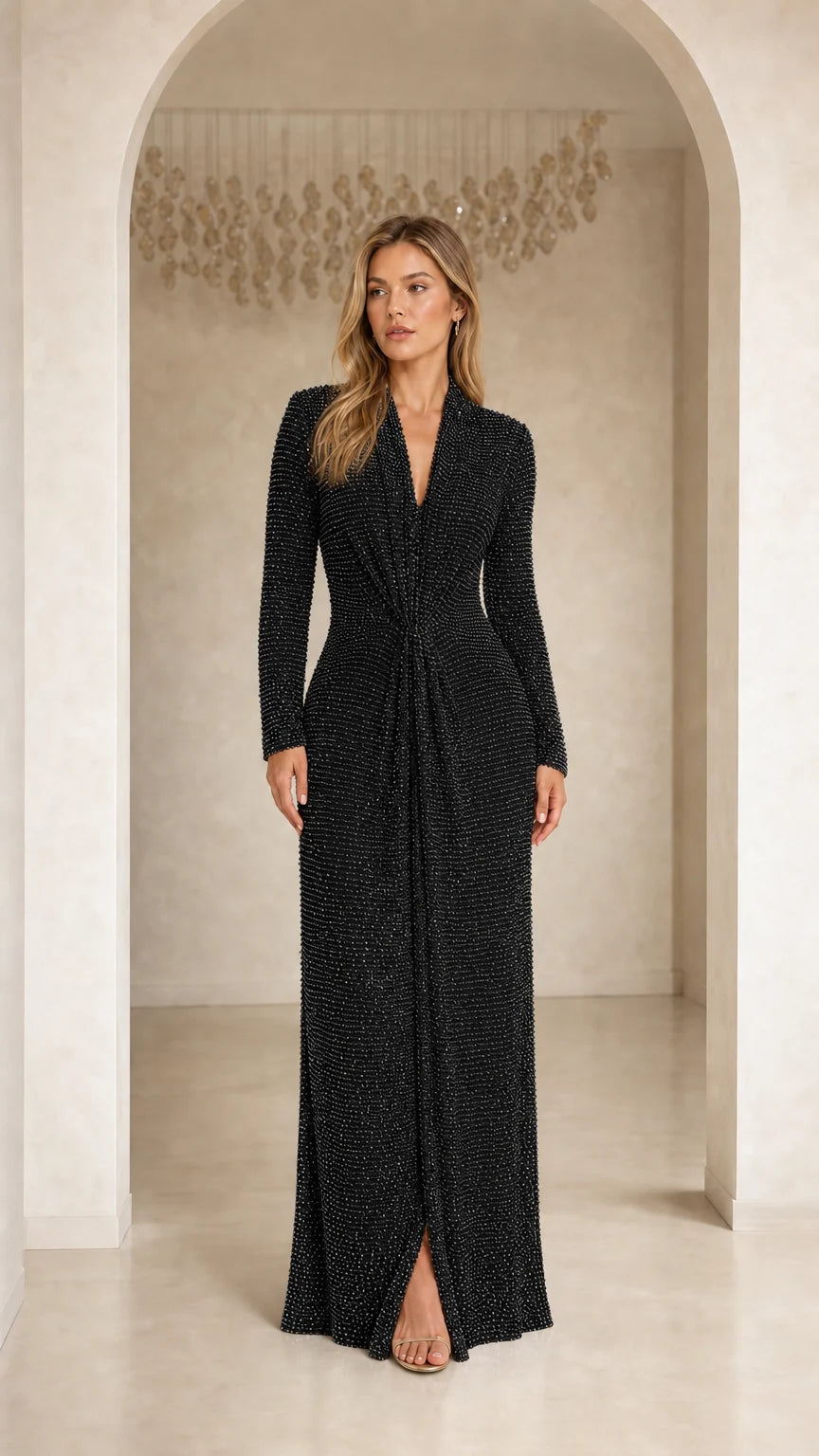 Model wearing Black Elegance Sequin Long Sleeve Maxi Dress